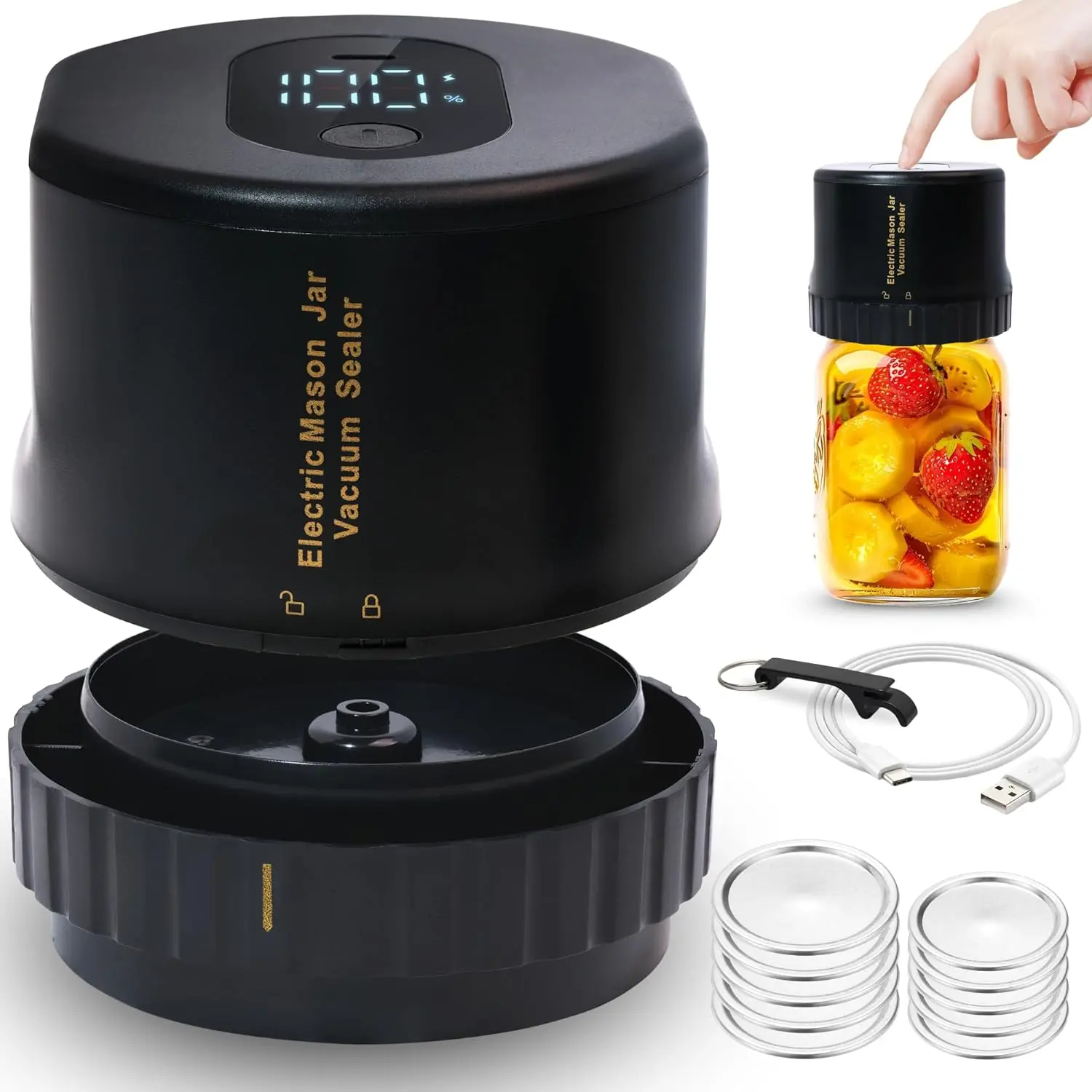 Rechargeable Auto Clicker Electric Mason Jar Vacuum Sealer Kit - Powerful Suction Jar Sealer with Multi-Size Lids (5 Regular & Wide Mouth), Lid Opener, Type-C Cable for Eco-Friendly Food Preservation