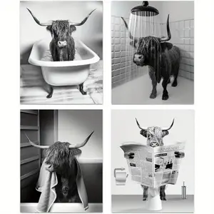Highland Cow Pattern Animal Design Bathroom Wall Art Prints, 4 Counts/set Vintage Black & White Rustic Style Cute Bathroom Cow Art Prints without Frame, Unframed Art Print, Decorative Artwork, Decoration Items