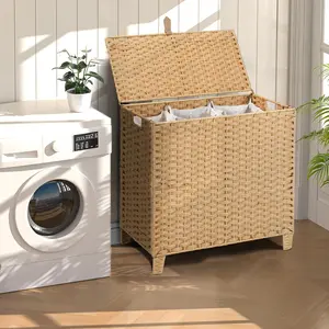 180 L Wicker Laundry Hamper with Lid 3 Section, Large HandWoven Synthetic Rattan Wicker Laundry Basket with Removable Liner Bags for Bedroom, Dirty Clothes Hampers Woven Foldable