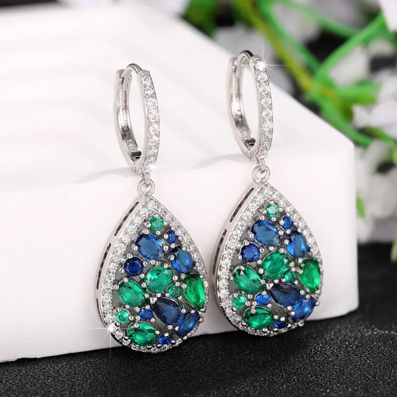 Blue green jewelry set necklace and earring set, long necklace inspired by Monet's garden, suitable for parties, dates, daily wear