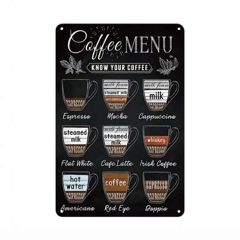Vintage Coffee Menu Metal Sign, 8x12In, 12x16In, Retro Chalkboard Style Coffee Guide Wall Art for Kitchen, Home Coffee Station, Bar & Cafe Decor