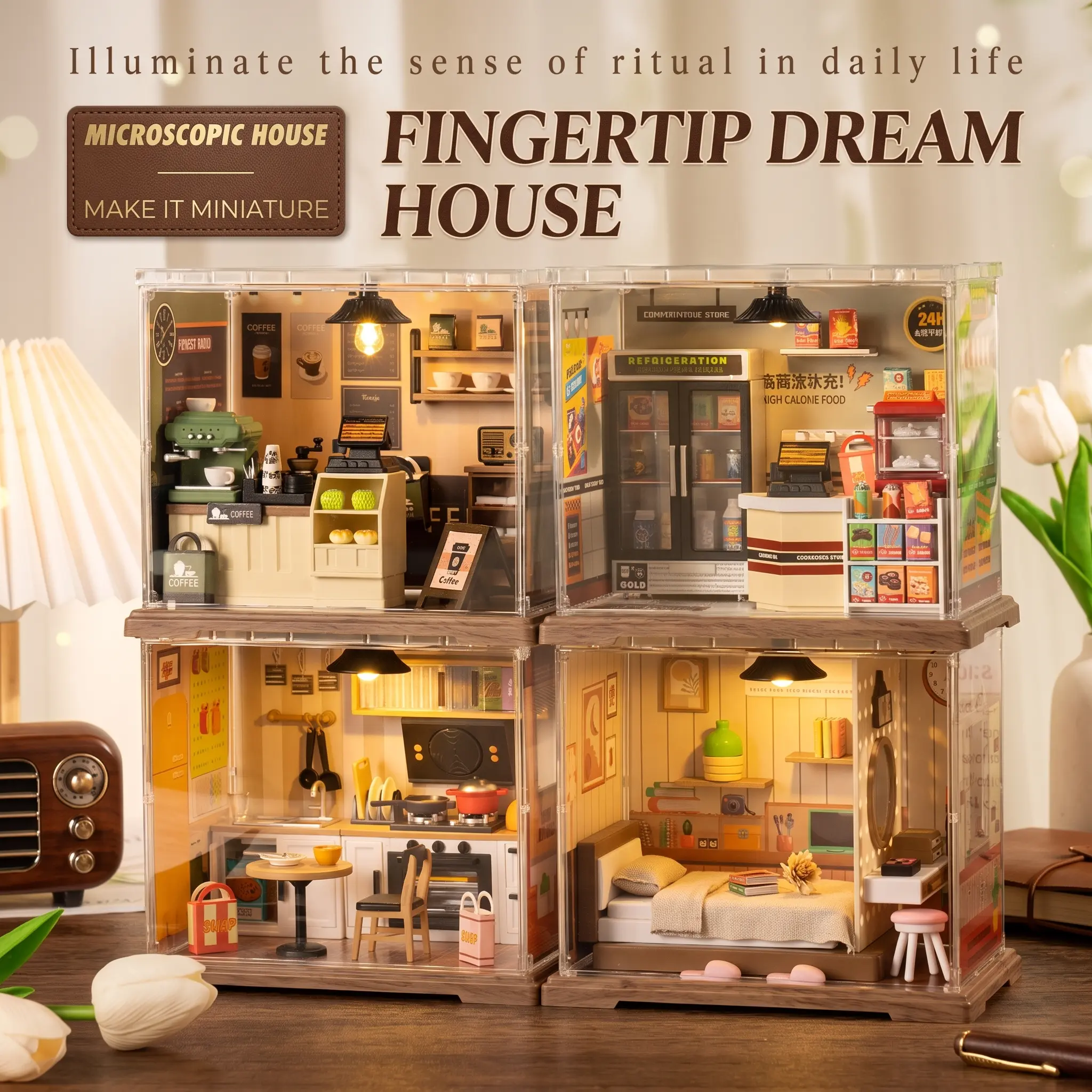Mini Building Block Set, DIY Miniature House Kit with Cafe, Convenience Store, Kitchen & Bedroom Scenes, Collectible Plastic Building Toy for Teens 14+ & Adults, Desk Decor Gift