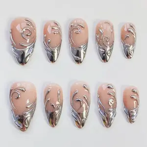 3D silver chrome nails/3D Gel press on nails long almond nails/Y2K nails/French Nails/Gothic nails/Goth nails/Birthday nail/Custom nails