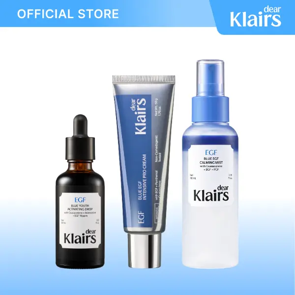 [DearKlairs] Blue EGF Intensive Repair Trio | Blue Youth Activating Drop EGF Facial Serum 50ml + EGF Intensive Pro Cream 50g + EGF Calming Mist 100ml | Skin Recovery, Barrier & Cooling Care, Sensitive Skin, Korean Skincare