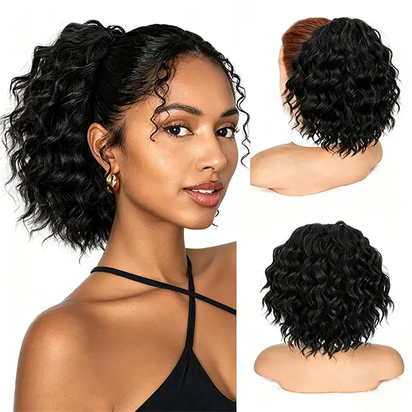 Drawstring Ponytail Short Wavy Curly Hair Extension for Black Women, 8 Inch Synthetic Fluffy Pony Tail Hairpiece for Daily Use