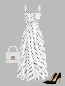 Plus Size Women's Dress, Fitted Casual Sleeveless Spaghetti Strap Polka Dot Design, for All Seasons, Stylish Dress for Ages 18-44