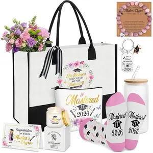 Aliceset 8 Pcs Masters Degree Graduation Gifts Set for Her Women Canvas Tote Bag Glass Tumbler Keychain Makeup Bag Bracelet Greeting Card Scented Candle Socks for 2026 Masters Grad Congratulation