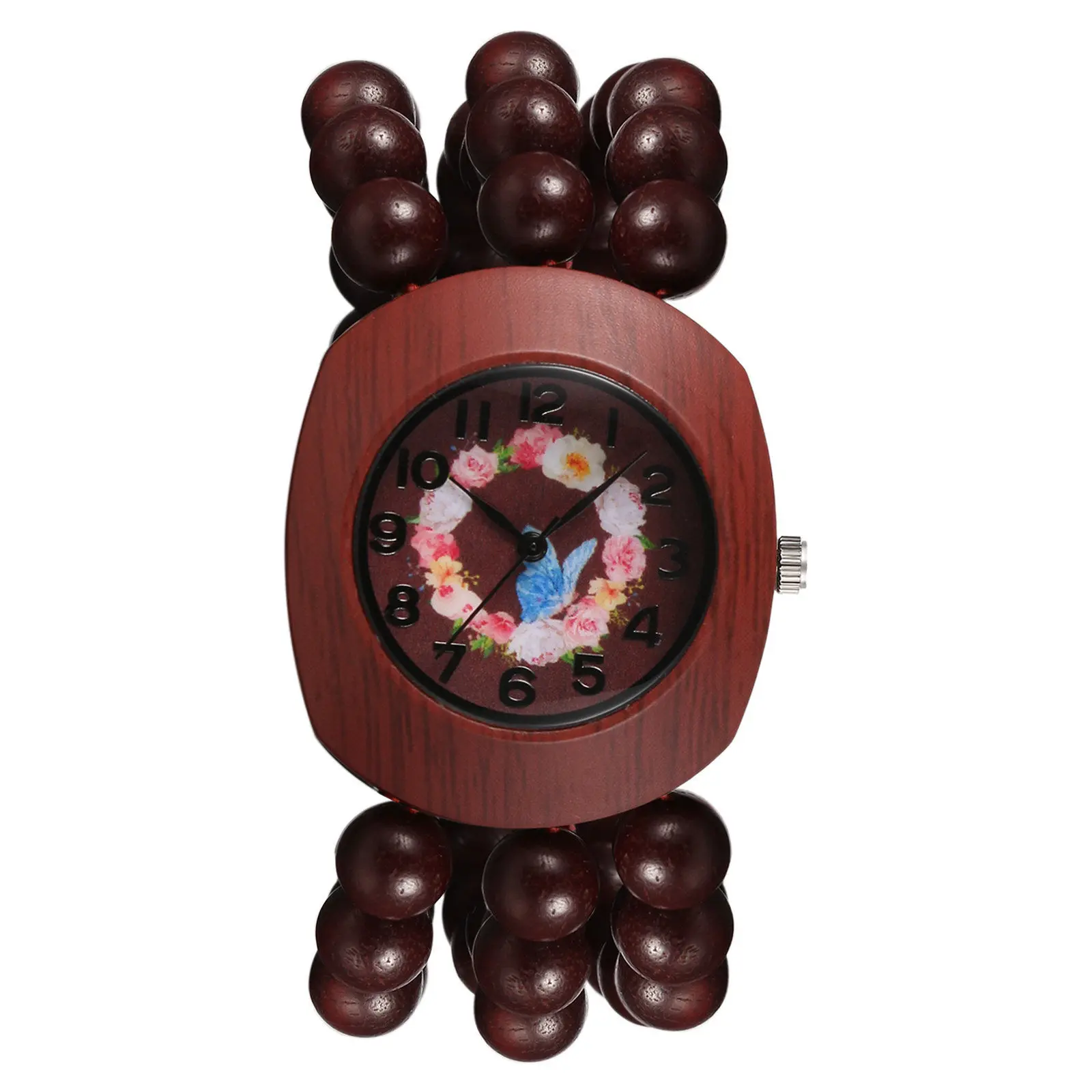 OIDEA Women's Bohemian Handcrafted Wooden Beads Elastic Watch - Tonneau Shape Case, Floral Dial, Stretch Strap, Quartz Analog, Lightweight Fashion Watch for Boho Outfits, Outdoor Events, Trendy Exquisite Watch