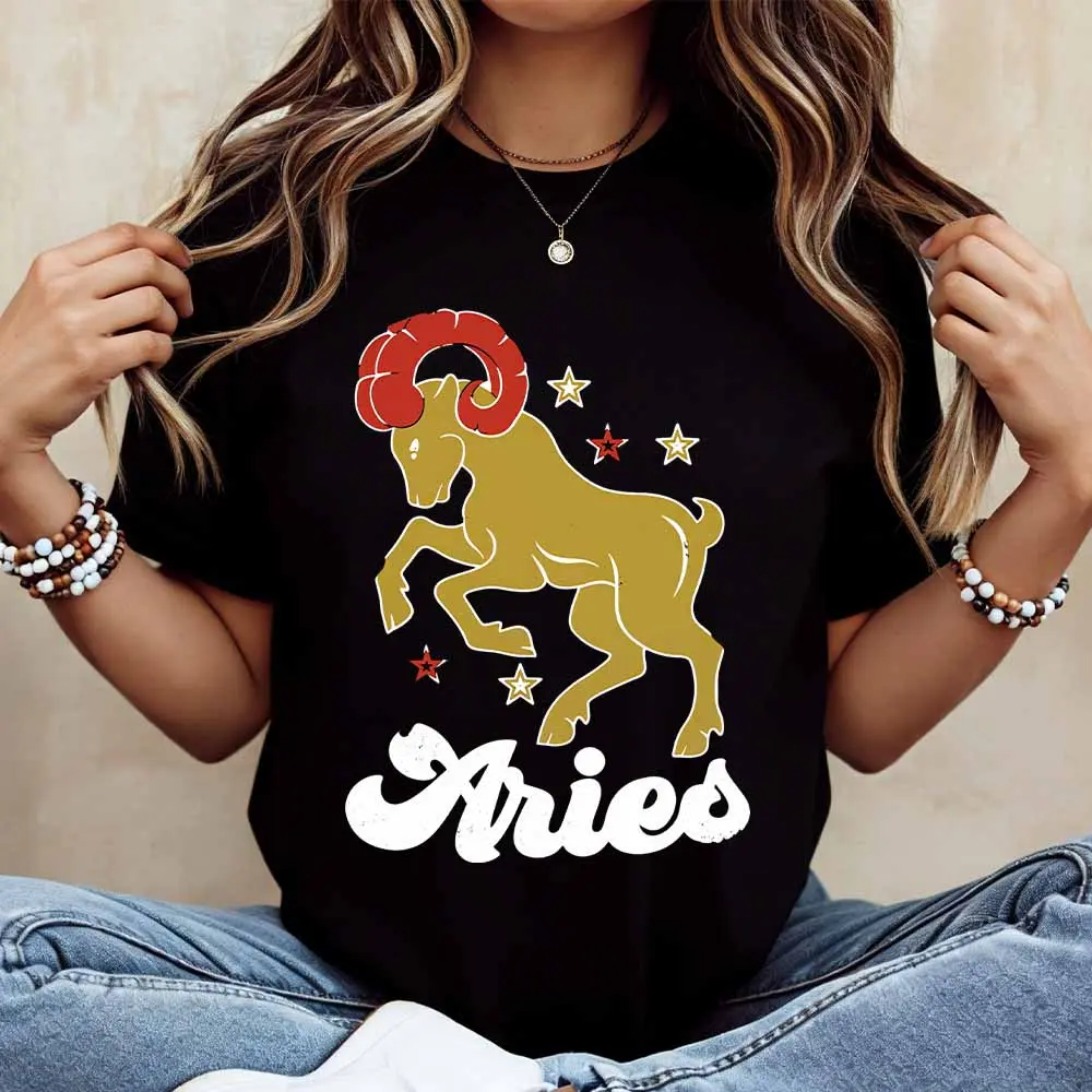 Aries Ram Zodiac Sign Print T Shirt White Casual Loose Fit Tee For Women Perfect For Everyday Wear And Leisure Activities