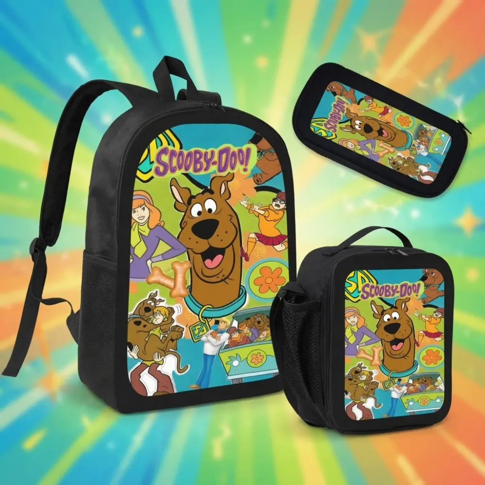 Vintage Cartoon Scooby-Doo 3Pcs Backpack Set, 17 Inch Kids School Bookbag with Lunch Bag & Pencil Case, Classic Mystery Gang Oxford Rucksack, Trendy Retro Cartoon Backpack Gift For Scooby Doo Fans