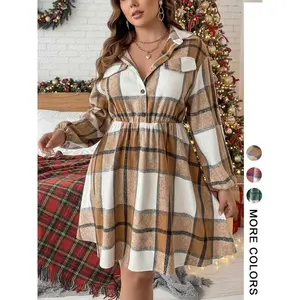 Women's Plus Size Plaid Shirt Dress, Long Sleeve Button Front Casual Short Skirt, Fall & Winter Fashion, Fitted Moderate FabricRAIMENTRY