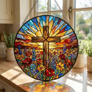 Personalized Stained Glass Cross Birth Flower Suncatcher Custom Religious Window Hanging Faith Floral Ornament Baptism Gift for Her Mother's Day Spirit Era Art