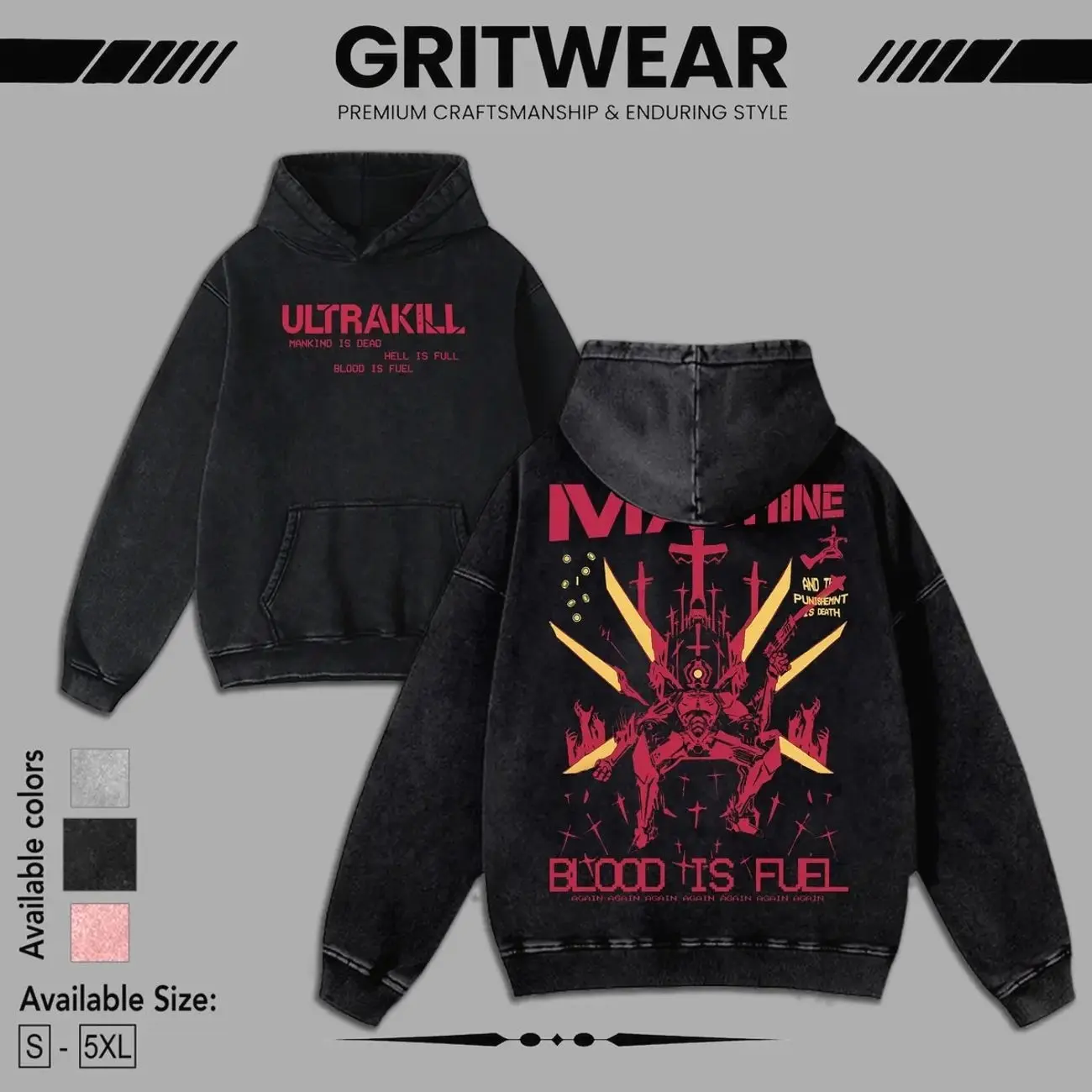 Ultrakill Blood Is Fuel Graphic Hoodie/T-shirt, Vintage Acid Wash Streetwear, Retro Indie Gaming Pullover, Cyber-Grind Aesthetic Heavyweight Sweatshirt tee 2S8