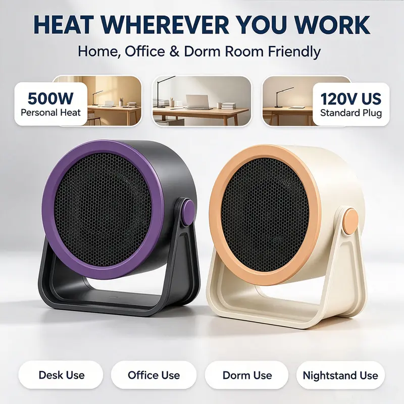 Compact desk heater with a circular front grille and adjustable support stand