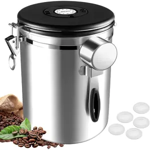 Airtight 35OZ 2.8L Large Coffee Canister Stainless Steel Coffee Storage Jar with Scoop Date Tracker and CO2 Release Valve for Beans Ground Coffee Tea Flour Cereal and Sugar