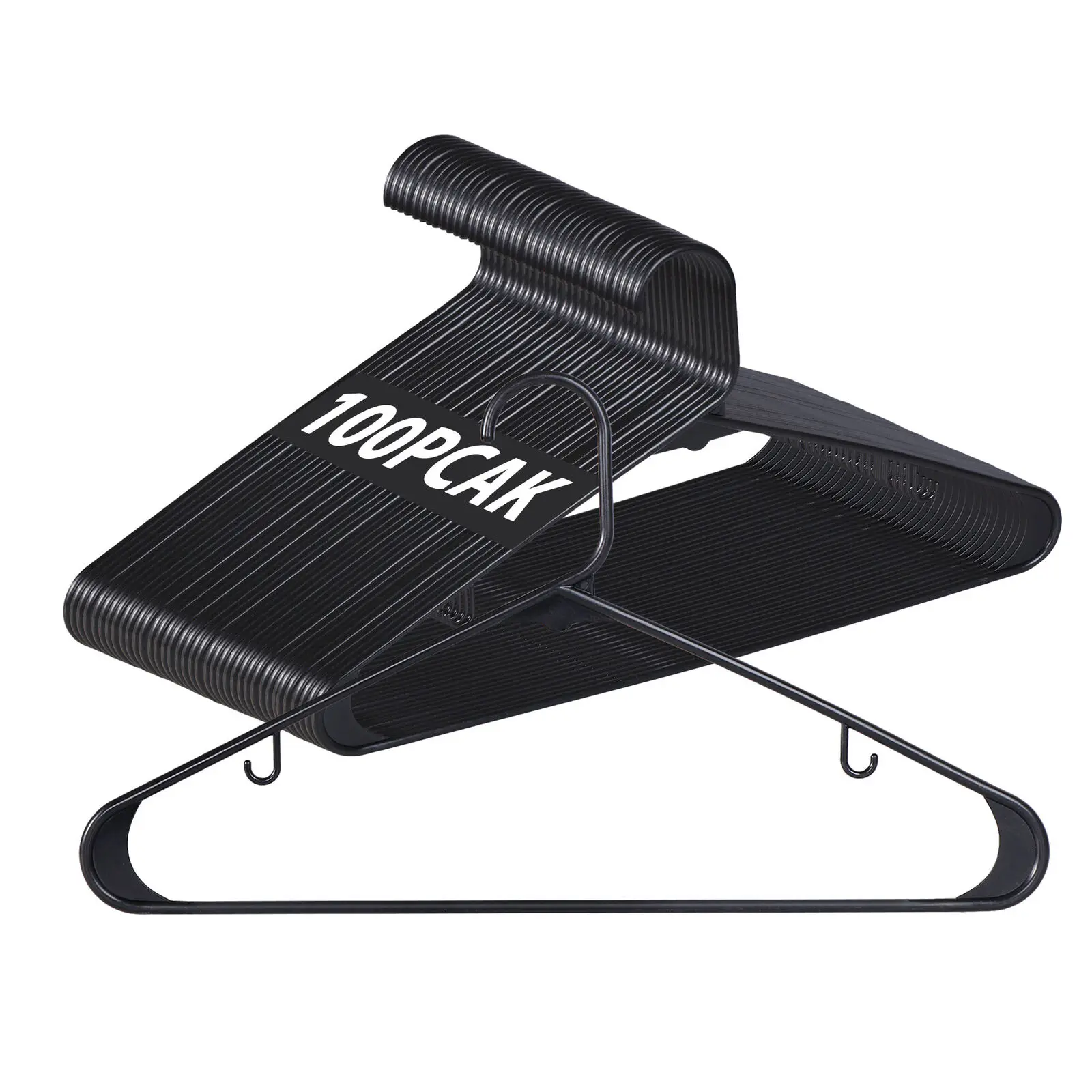 100-Pack Slim Black Plastic Hangers, Standard Size with Reinforced Edges & Smooth Finish, Space-Saver Bulk Hanging Clothes Organizer for Dresses, Shirts