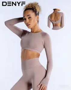 Women's Cropped Yoga Set – Round Neck Long Sleeve Top with Open Back Cutout & High Waisted Leggings, 2 Piece Activewear