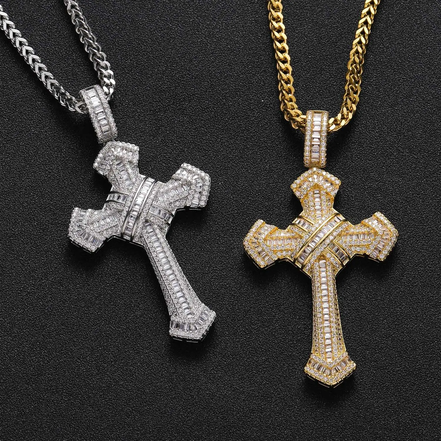 Crown & Cross Necklace with Plain Chain, Artificial Zircon Decor, Matching Dainty Rhinestone Pendant for Women & Men, Fashion Jewellery Elegant Cuban