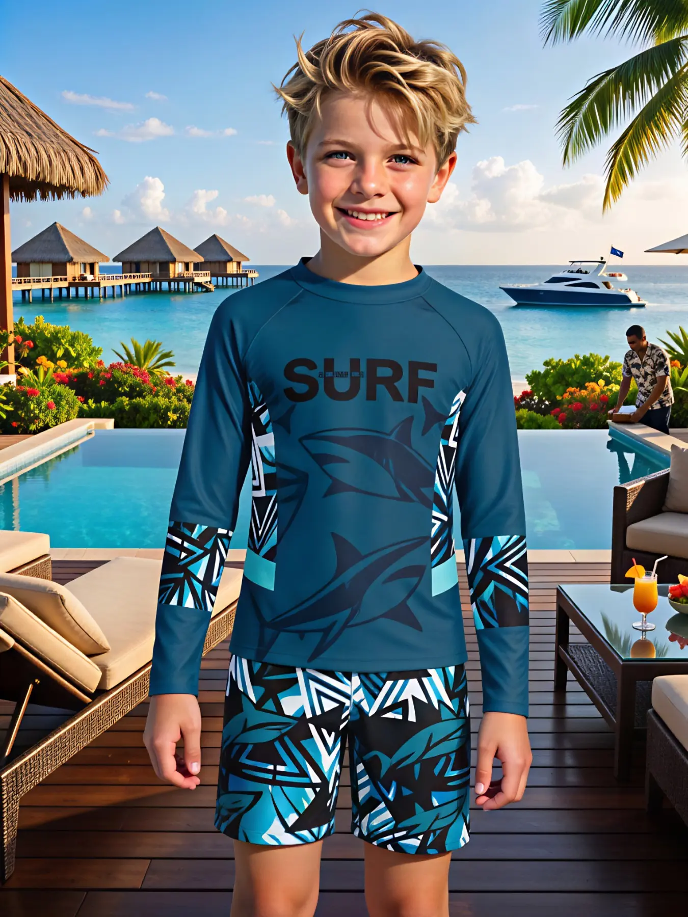 Ocean-themed Sun Protection Swim Set for Boys Ages 6–14: Blue and Black Geometric Shark Print Long-Sleeve Swimsuit + Matching Shorts; Quick-Dry Juniors Swimsuits Children's Swimwear; Suitable for Outdoor Water Activities and the Pool