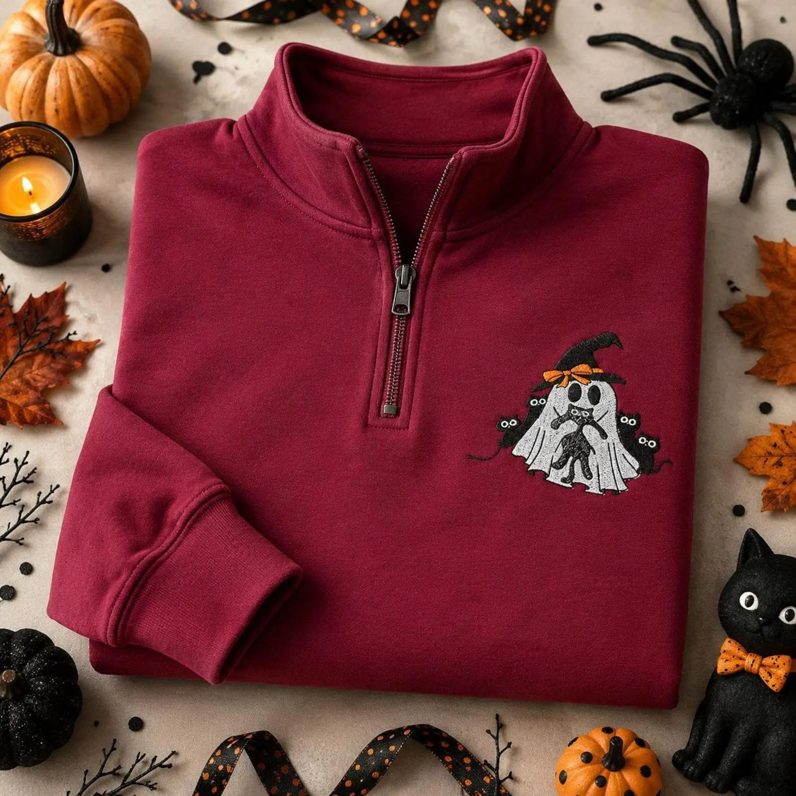 [MADE IN US] Ghost Cat Embroidered Quarter Zip Sweatshirt, Halloween Maroon Pullover, Cute Spooky Fall Gift For Cat Lovers