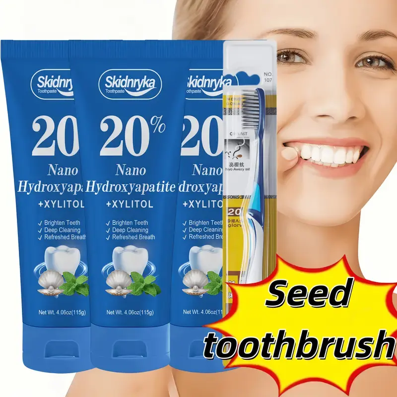 Skidnryka 3-pack 20% hydroxyapatite whitening toothpaste, includes a toothbrush, portable deep-cleaning formula for brightening teeth, gentle care, long-lasting fresh breath, suitable for daily use, sensitive tooth care toothpaste