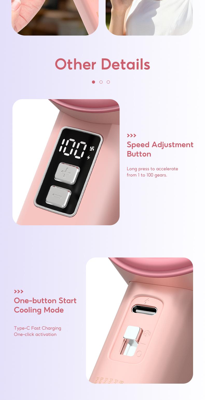 The Yodevoe 3-in-1 Mini Handheld Cooling Fan features 100 wind speeds and an icing function. This compact, foldable 3-in-1 neck/desktop/handheld fan has a pocket design, making it suitable for travel, summer, concerts, and even for casual use.