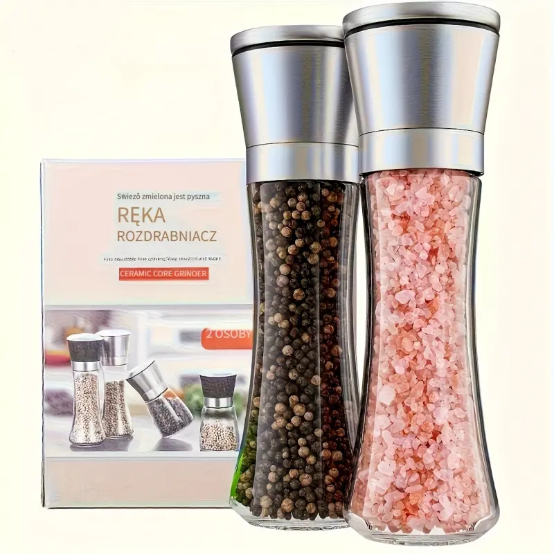 2pcs High-Quality Stainless Steel Salt And Pepper Grinder, Spice Grinder, Pepper Grinder, Adjustable Ceramic High Glass Salt And Pepper Grinder, Suitable for Kitchen And Restaurant Cooking, Ideal for Easter And Ramadan, Kitchenware