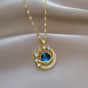 Plated Moon Star Blue Planet Pendant Necklace | Cubic Zirconia Encrusted Celestial Jewelry | Dainty Shimmering Chain for Women & Teen Girls | Perfect for Birthday, Valentine's Day, Graduation Gifts | Trendy Y2K Aesthetic Fashion Accessory for Daily