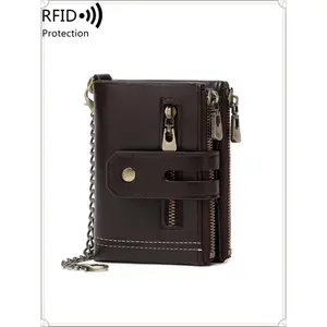 Mens Wallet with Chain RFID Blocking Genuine Leather Bifold Purse for Men with ID Window and Zip Coin Pocket | with Chain, RFID Blocking, Bifold, with ID Window, and Zip Coin Pocket