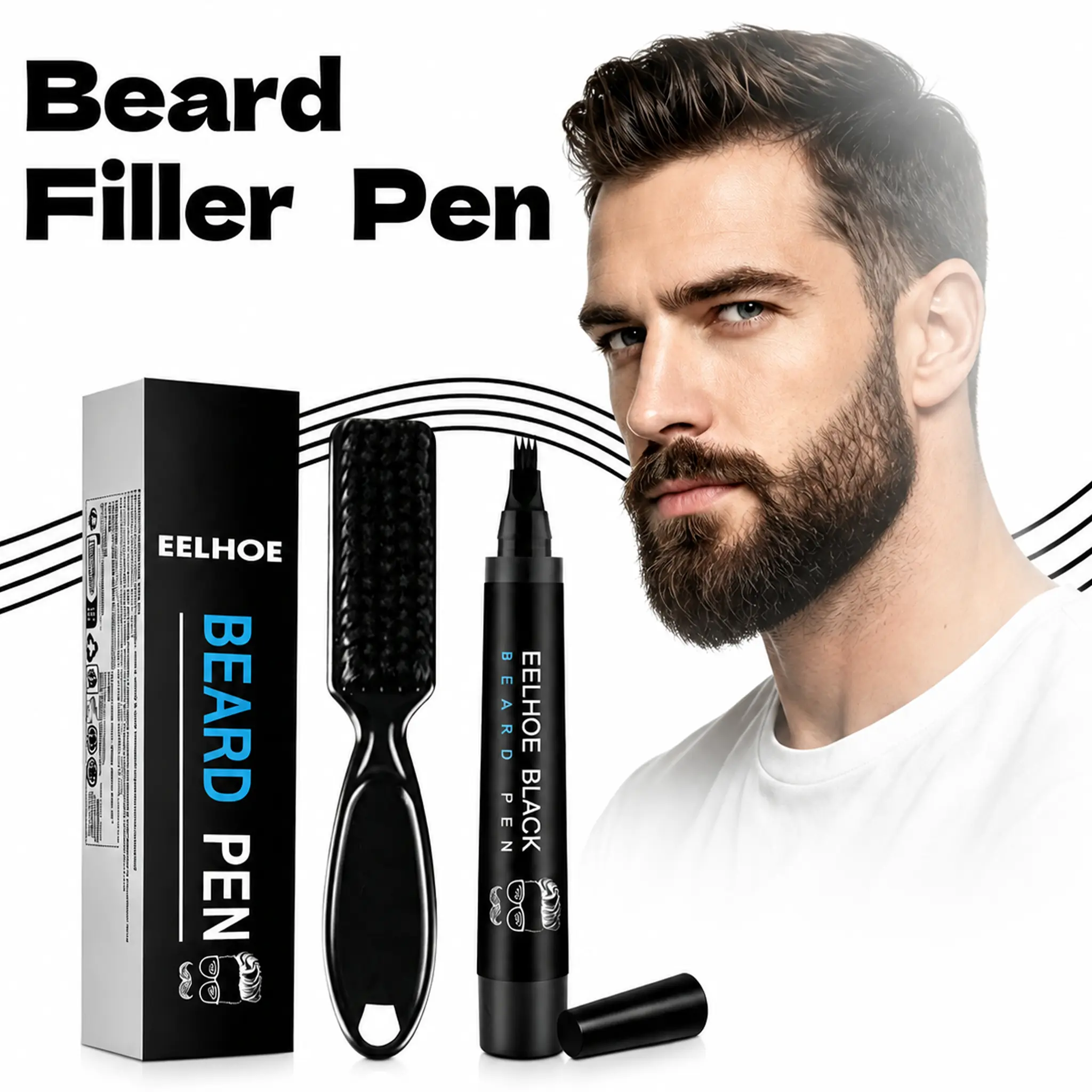 Men's Beard Filler Pen Kit with Brush - Waterproof, Sweat-Proof, Smudgeproof Oil Wax Base - Natural Finish for Fuller Thin Beard, Eyebrow & Scalp - Easy-Apply Beauty Products