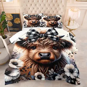 Cute Farmhouse Highland Cow Quilt Set, Decorative Bedding Set, Includes Fitted Sheet & Pillowcase, No Fillers, Comfortable Sleep, Bedroom Decor Gift for Animal Lovers