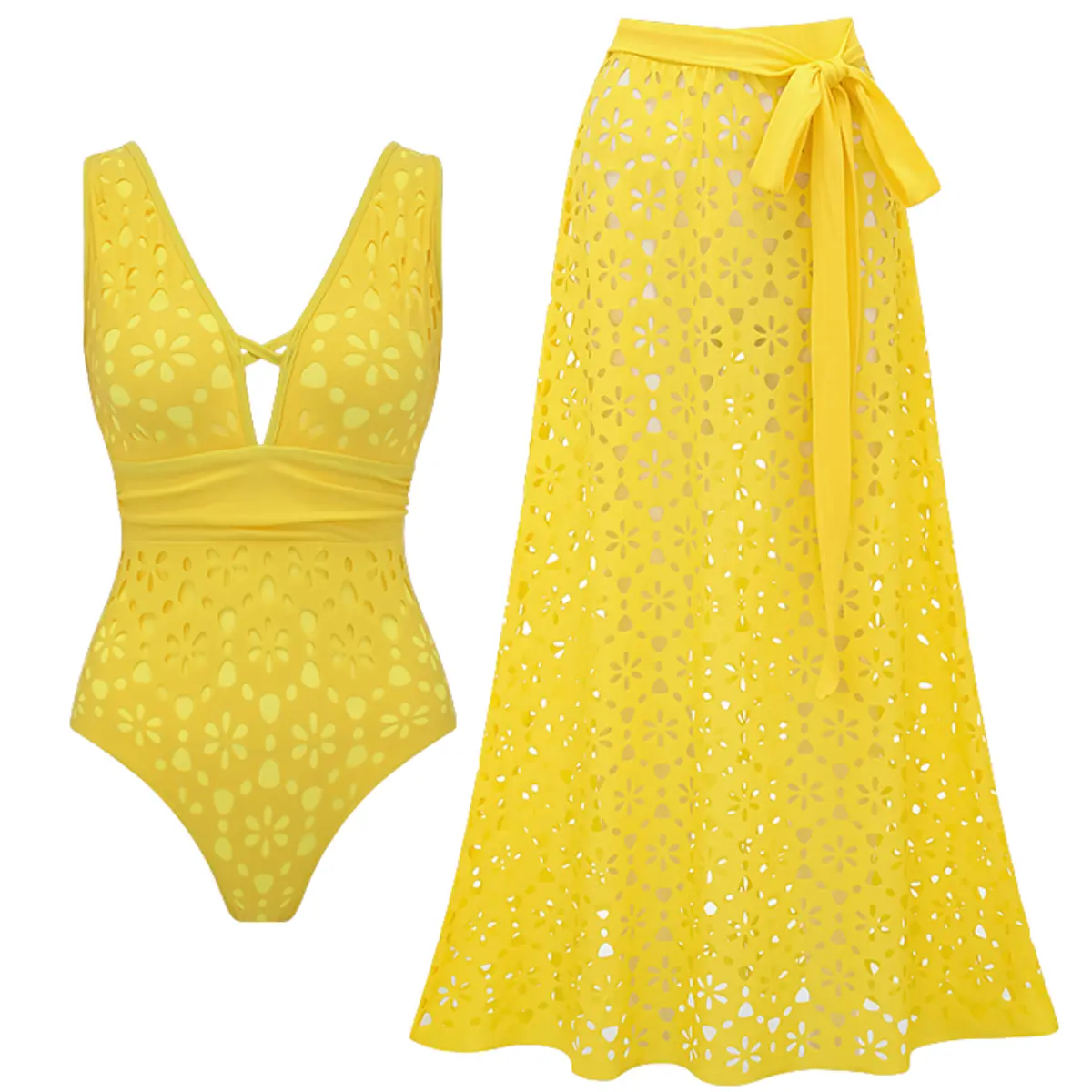 FLAXMAKER Women's Yellow Color Laser Cut Hollow One Piece Swimsuit and Matching Skirt Set Beachwear Swimdress Bathing Suit Tummy Control Bathing Suit Stylish Beachwear #Summervibes outdoorfun #SwimWeek tiktokshopbacktoschool