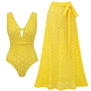 FLAXMAKER Women's Yellow Color Laser Cut Hollow One Piece Swimsuit and Matching Skirt Set Beachwear Swimdress Bathing Suit Tummy Control Bathing Suit Stylish Beachwear #TikTokShopBlackFriday