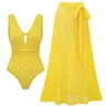 FLAXMAKER Women's Yellow Color Laser Cut Hollow One Piece Swimsuit and Matching Skirt Set Beachwear Swimdress Bathing Suit Tummy Control Bathing Suit Stylish Beachwear #Summervibes outdoorfun #SwimWeek