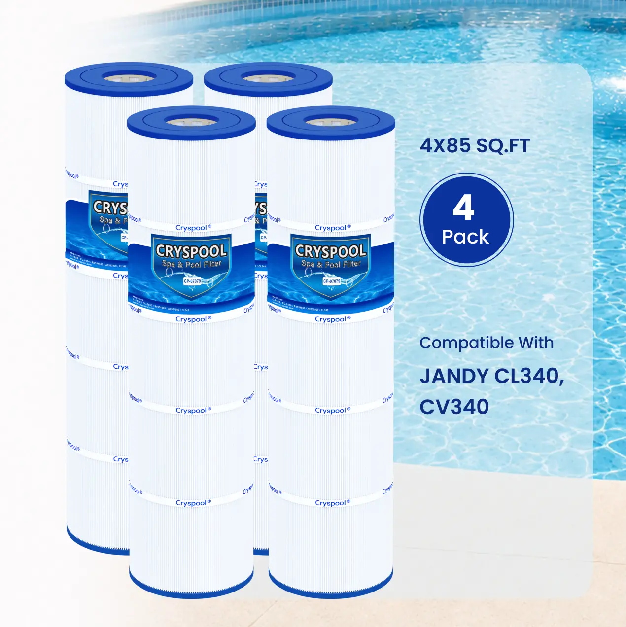 CL340,Compatible filter for Jandy CL340, CV340, Replace R0554500, A0557900, Pleatco PJAN85, Unicel C-7459, Filbur FC-0800, Cryspool 4×85 Sq. Ft Pool Filter Cartridge, 4 Pack