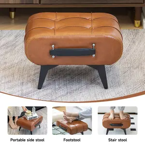 Small Leather Foot Stool with Handle, Modern Portable Wooden Legs Foot Rest Stool, Paddedl Ottoman for Living Room Entryway Extra Seating table