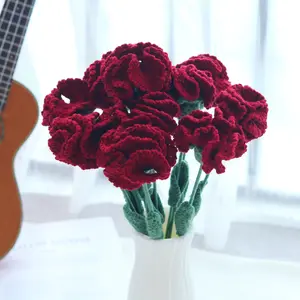 3/6/10 pcs Handmade Burgundy Crochet Carnations , DIY Crochet Flowers Bouquet for Mother's Day, Teacher , Home Decor, Wedding, Party Decoration