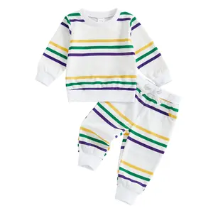 Baby Boy Mardi Gras Outfit Striped Sweatshirt Jogger Pants Purple Yellow Green Set 2Pcs Toddler Carnival Party Clothes