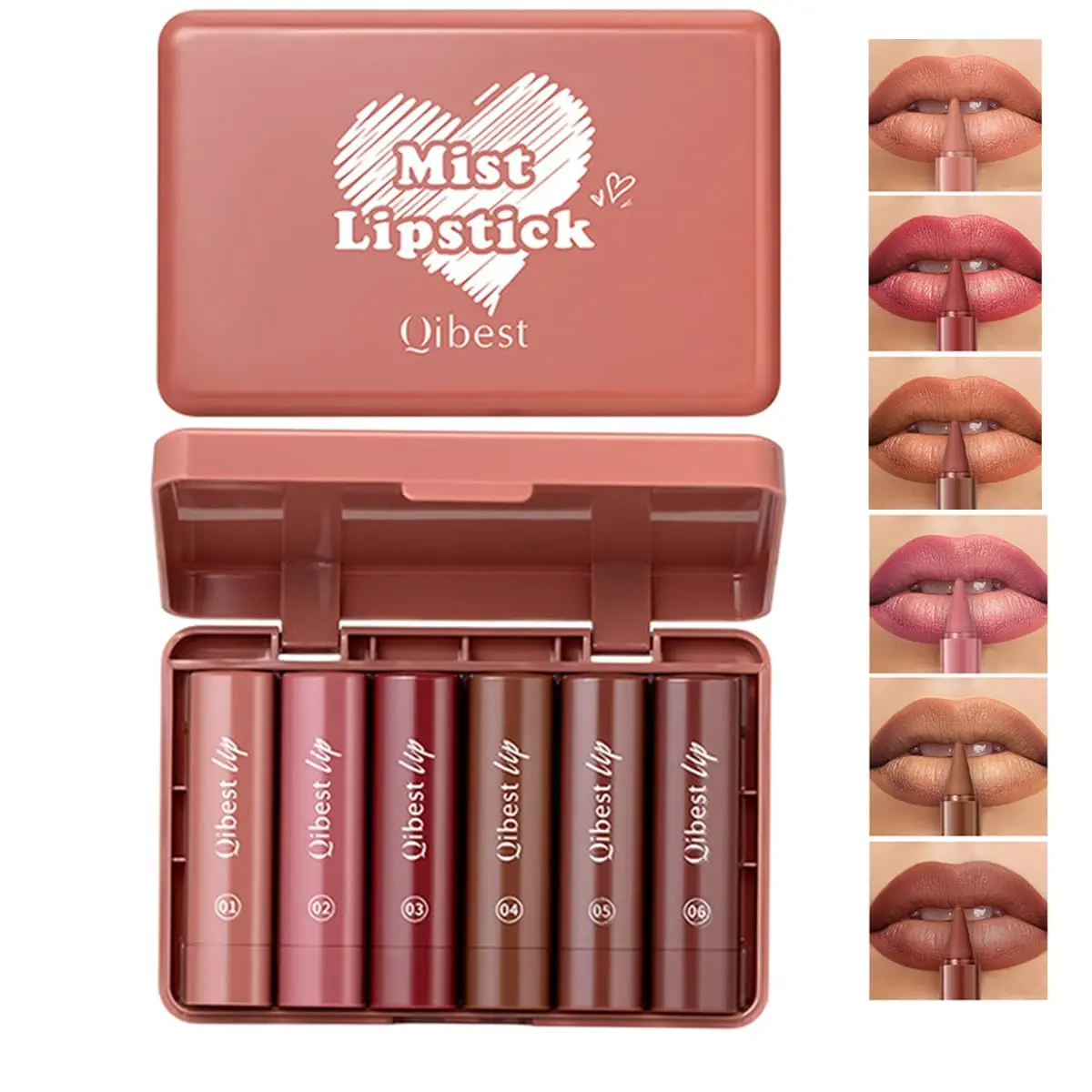Qibest Matte Rotating Lipstick Pen Cosmetic - 6pcs Multi-Pack Makeup, Long-Lasting, Easy Application, Natural, Waterproof, Non-Sticky, for Daily Commute Use, Flawless