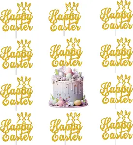 Happy Easter Cake Topper Cute Bunny Cake Topper Glitter Cake Topper Gold Cake Decorative Party Cake Decoration for Easter Day 10PCS