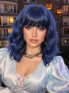 Women's Blue Bob Wig, Short Curly Synthetic Hairpiece with Bangs, Halloween Costume Accessory for Women & Festive Occasions, Synthetic Material Wigs