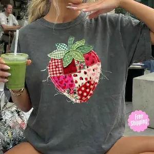 Patchwork Strawberry T-shirt, Quilted Farmhouse Berry Tee, Cottagecore Style, Y2K