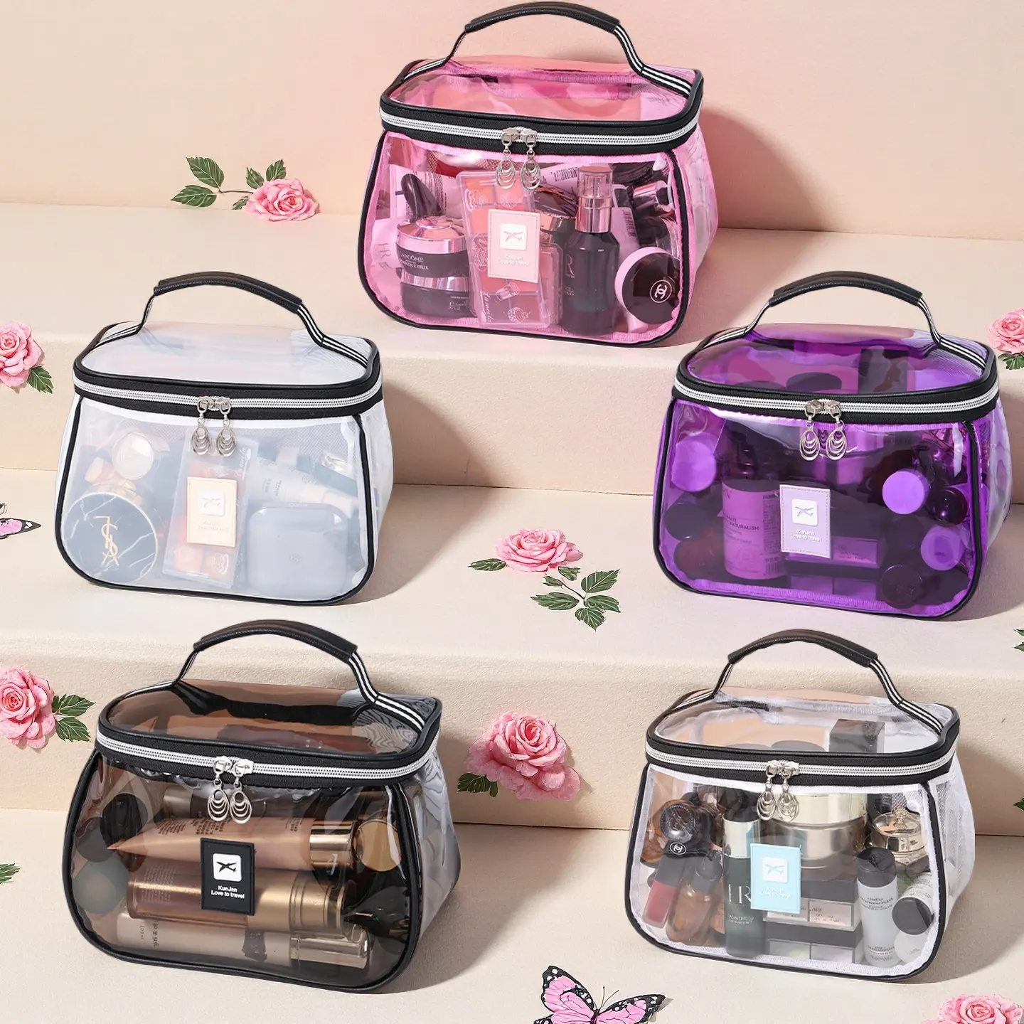 Vintage Portable Cosmetic Pouch, Splashproof Clear Large Space Travel Bag, Multi-Purpose Bathroom Makeup & Skincare Storage Holder