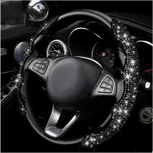2 PCS Steering Wheel Cover, 15 Inches Crystal Diamond Bling Cover for Auto Steering Wheels, Safety Non-Slip Universal Fit Sparkly Steering Wheel Cover, Car Accessories (Black)