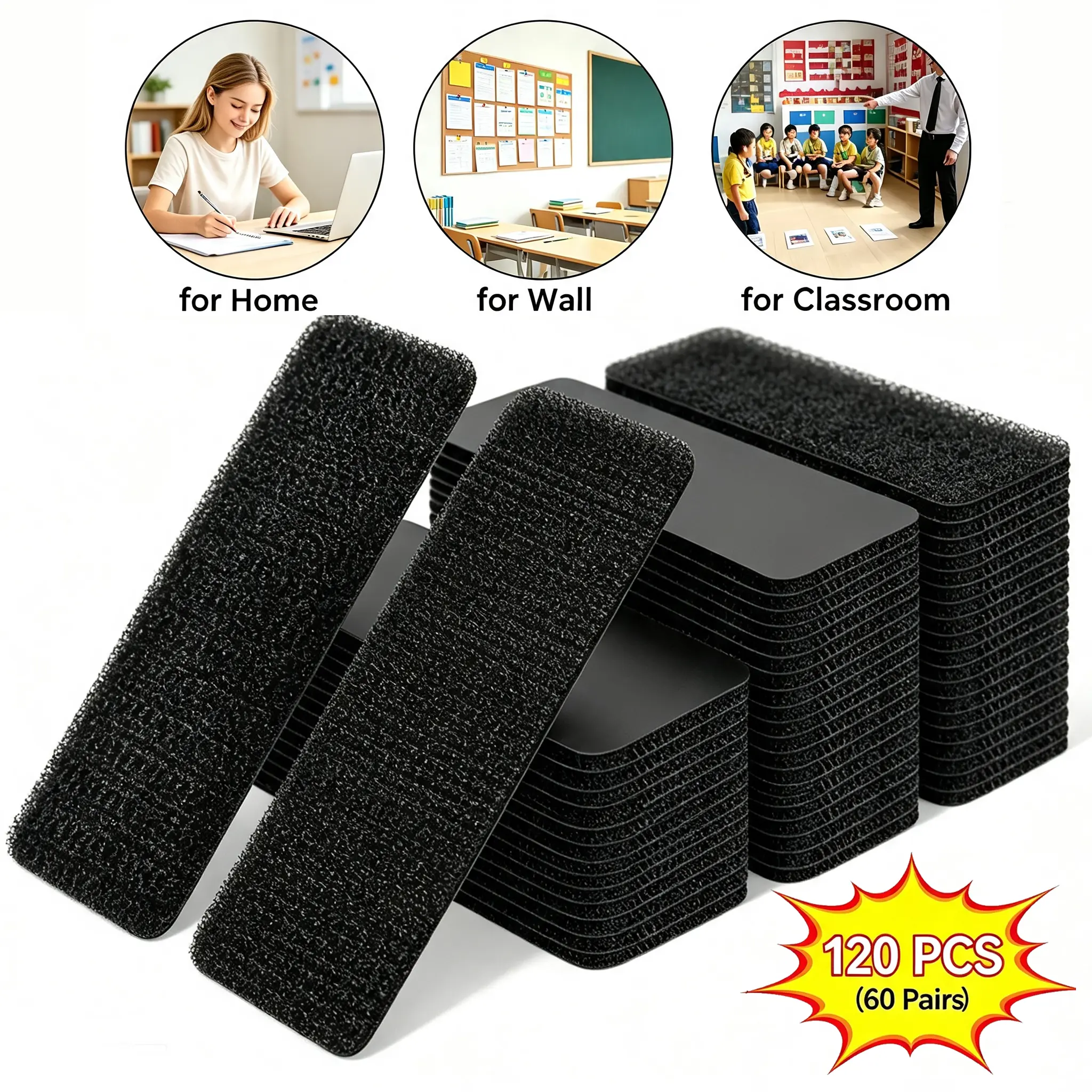 60 Pairs Heavy Duty Self-Adhesive Hook and Loop Strips, No Drill Damage-Free Mounting Sticky Back Strips for Wall Hanging, Picture Frames, Cable Management, Dorm & Home Office Organization