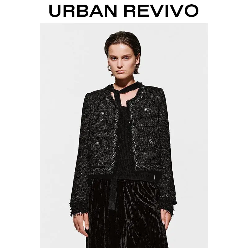 URBAN REVIVO Women's Elegant Classic Long Sleeve Tweed Jacket - Style, Fringe Detail, Patch Pockets, UWG150182 - Women's Clothes