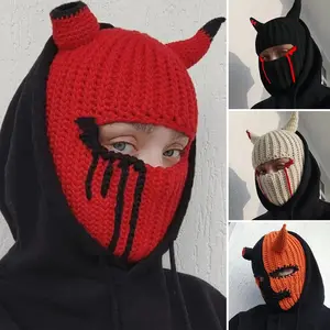 Funny Unisex Devil Horn Creative Knitted Hats Men Winter Warm Full Face Cover Windproof Balaclava Hat Outdoor Women Ski Mask Cap