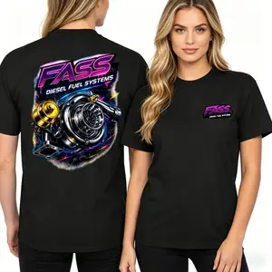 FASS Diesel Fuel Systems Chrome Turbocharger Graphic T-Shirt Neon Racing Performance Tee for Car Enthusiasts Streetwear Turbo Boost Outfit