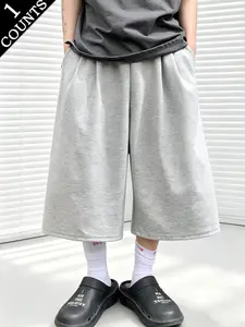 Men’s terry cloth shorts with a high waist and wide leg cut, ruched detailing, three-quarter length. Street casual style—suitable for home wear, everyday outings, and summer, without being tied to specific holidays.