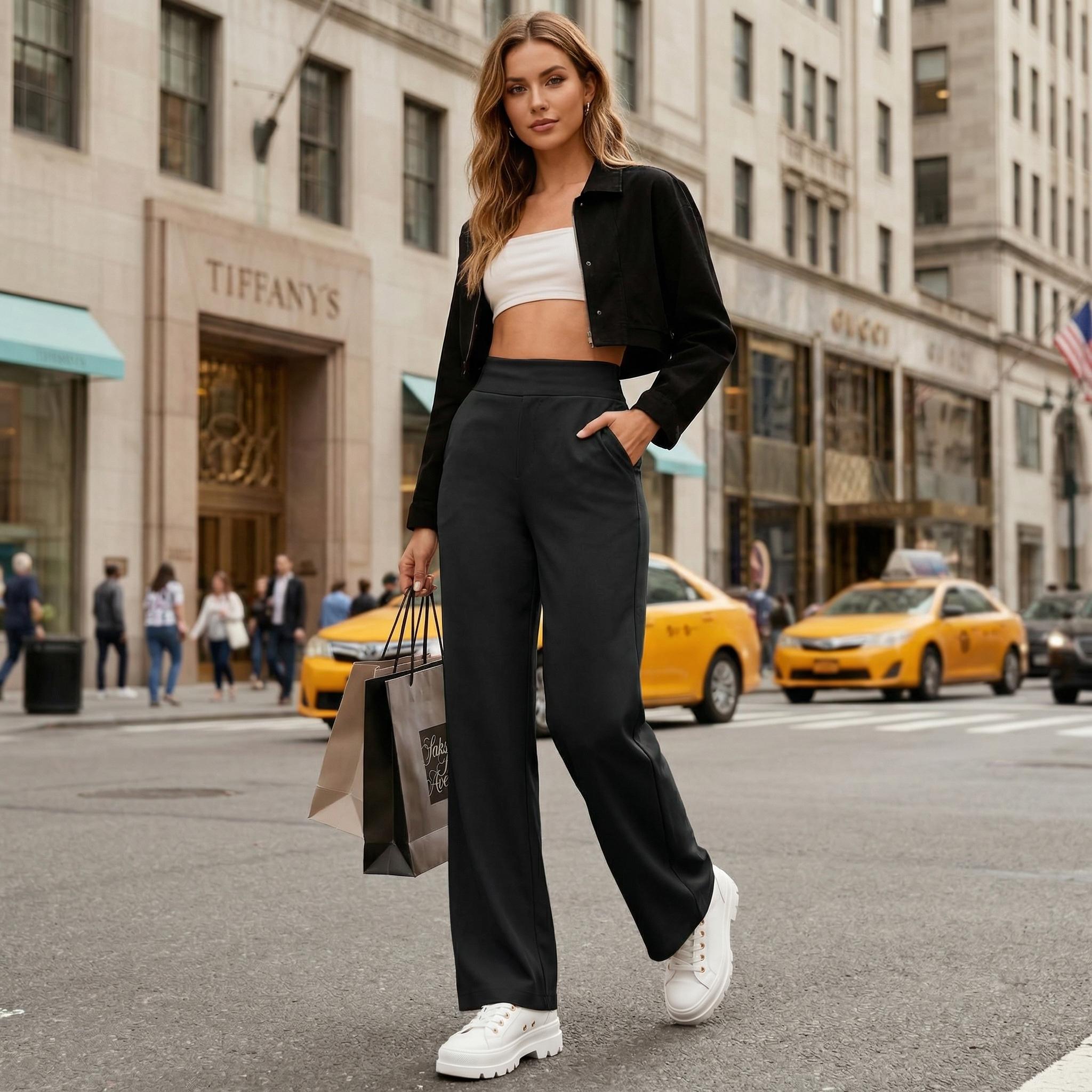 CQQNBV Loose High-Waist Business Casual Pants Yoga Pants Women Wide Leg Pants with Pockets Comfortable straight-leg pants